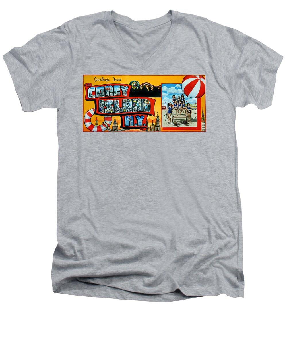 Coney Island New York Men's V-Neck T-Shirt featuring the painting Coney Island New York by Bonnie Siracusa