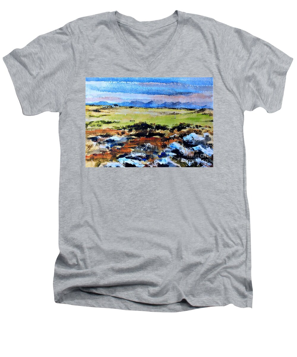 Val Men's V-Neck T-Shirt featuring the painting F 801 Connemara Golf, Ballyconneely, Galway by Val Byrne