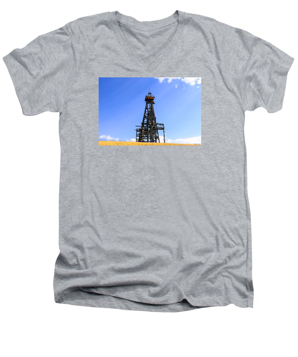 Copper; Mine; Pit; Pithead; Platform; Butte; Montana; Mt; Heavy; Industry; Business; Commerce; Commercial; Enterprise; Mineral; Extraction; Place; Of; Work; Industrialism; American; City; America; Usa Men's V-Neck T-Shirt featuring the photograph Copper Mine in Montana by Chris Smith