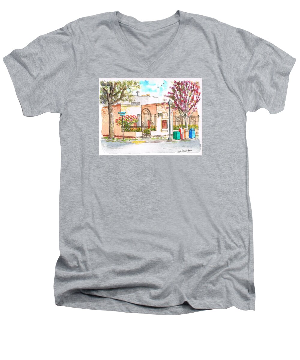Nature Men's V-Neck T-Shirt featuring the painting Corner with bougainvillas in San Luis Obispo, California by Carlos G Groppa