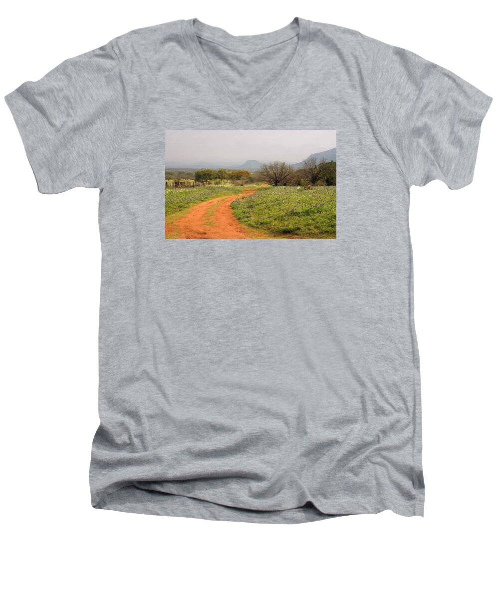 Country Road Men's V-Neck T-Shirt featuring the photograph Country Road with Wild flowers by Brian Kinney