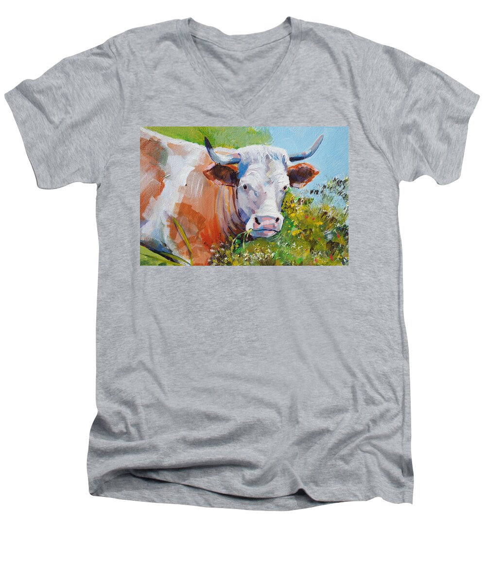 Cow Men's V-Neck T-Shirt featuring the painting Cow with horns by Mike Jory