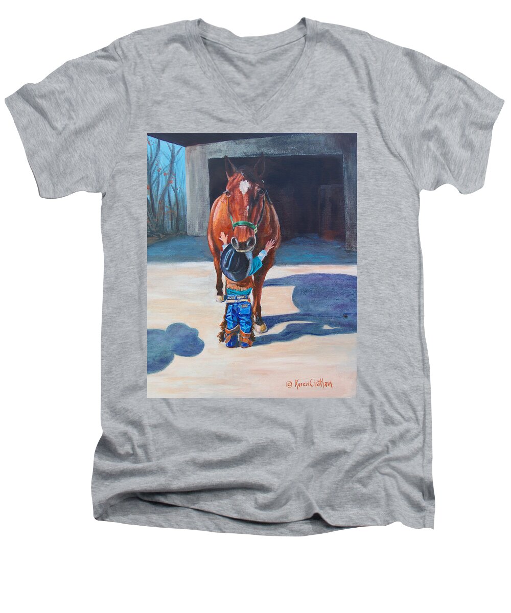 Little Cowboy Art Men's V-Neck T-Shirt featuring the painting Cowboy's First Love by Karen Kennedy Chatham