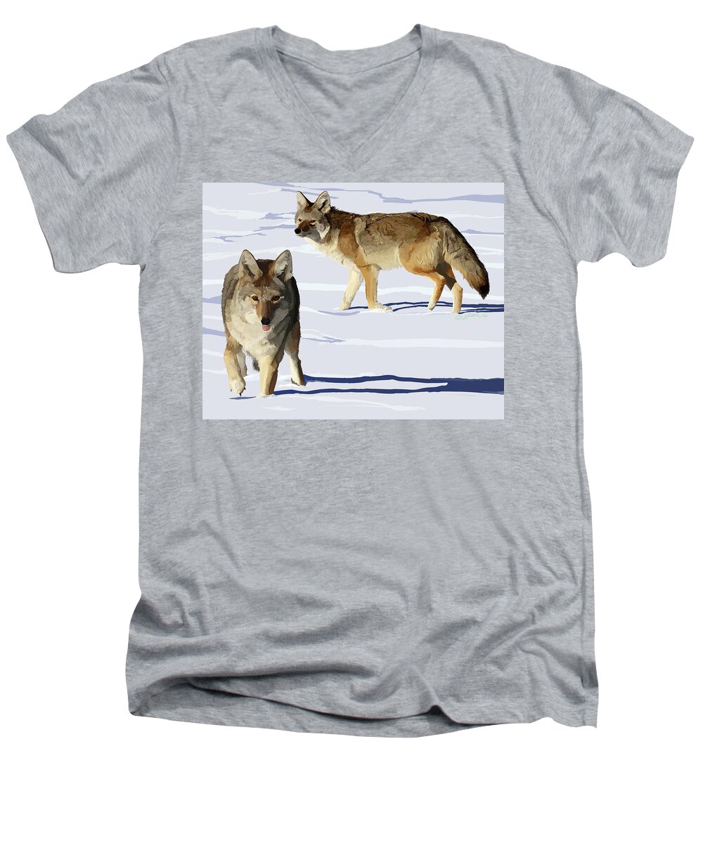 Animals Men's V-Neck T-Shirt featuring the digital art Coyote Pair by Pam Little