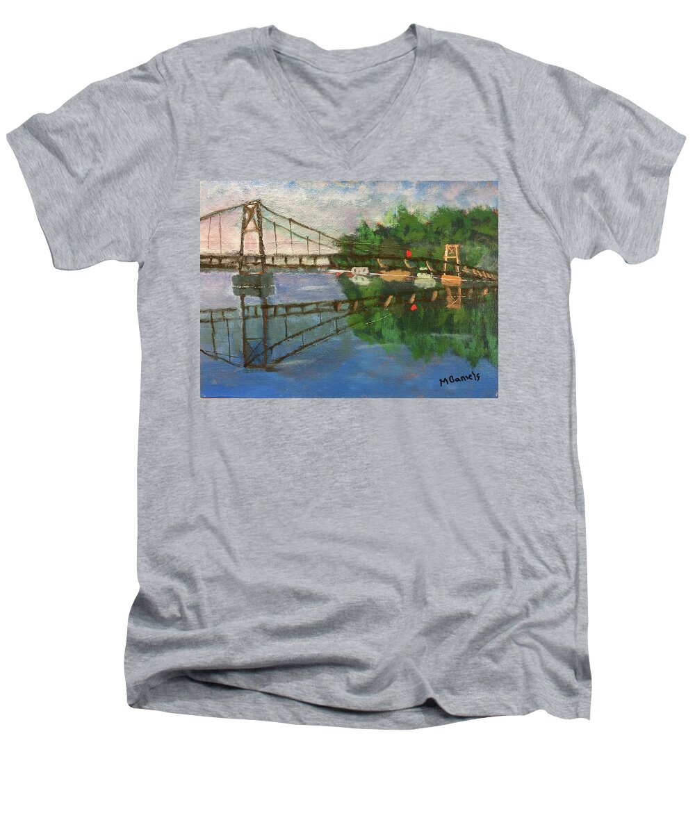 Lake Bridge Reflection Pink Blue Green Orange Impressionism Impressionistic Forest Loose Nj New Jersey Michael Daniels Men's V-Neck T-Shirt featuring the painting Cranberry Lake by Michael Daniels