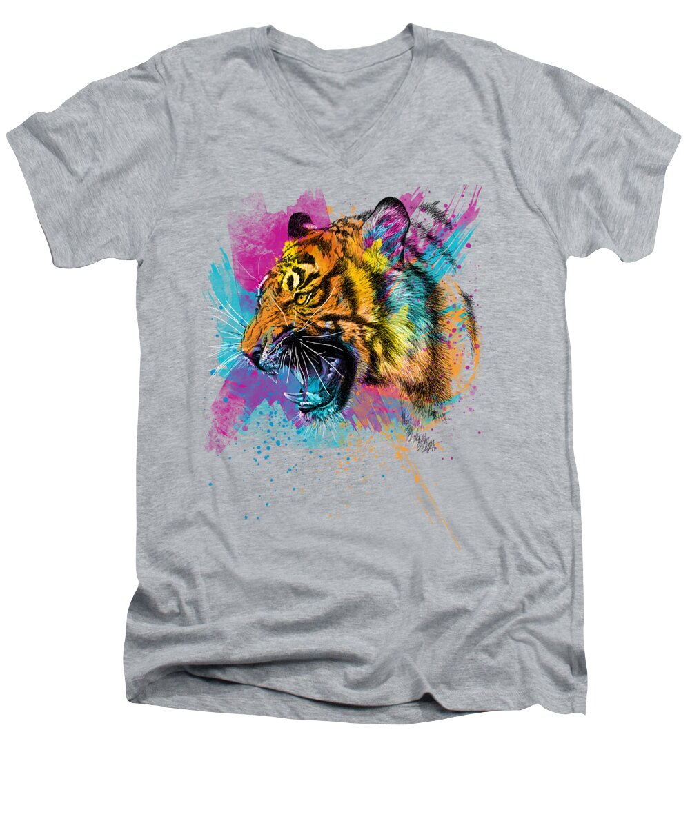 Tiger Men's V-Neck T-Shirt featuring the digital art Crazy Tiger by Olga Shvartsur