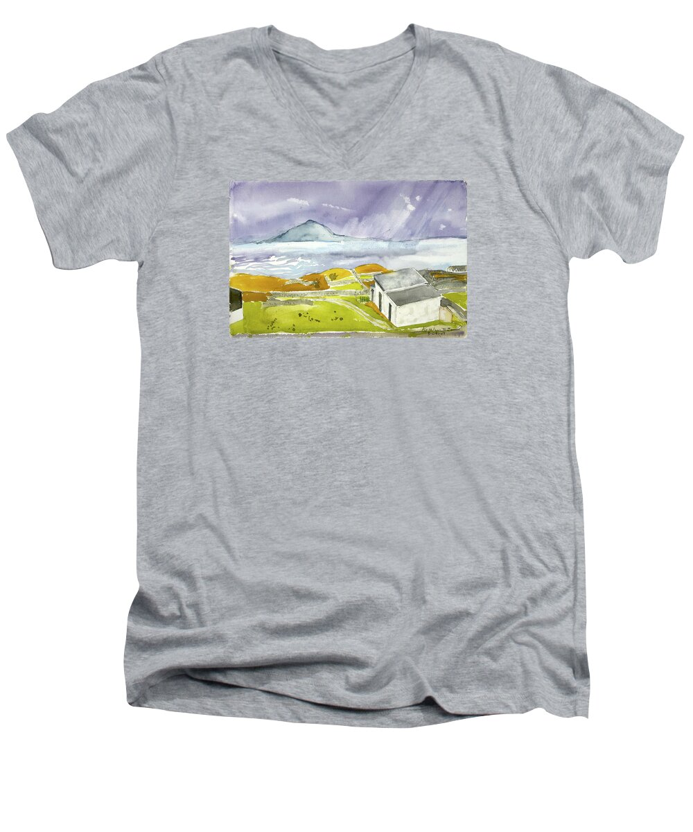  Men's V-Neck T-Shirt featuring the painting Croagh Patrick and Purple Sky by Kathleen Barnes
