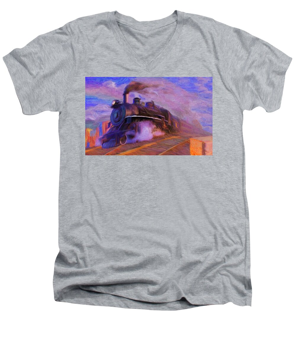 Train Men's V-Neck T-Shirt featuring the digital art Crossing Rails by Caito Junqueira