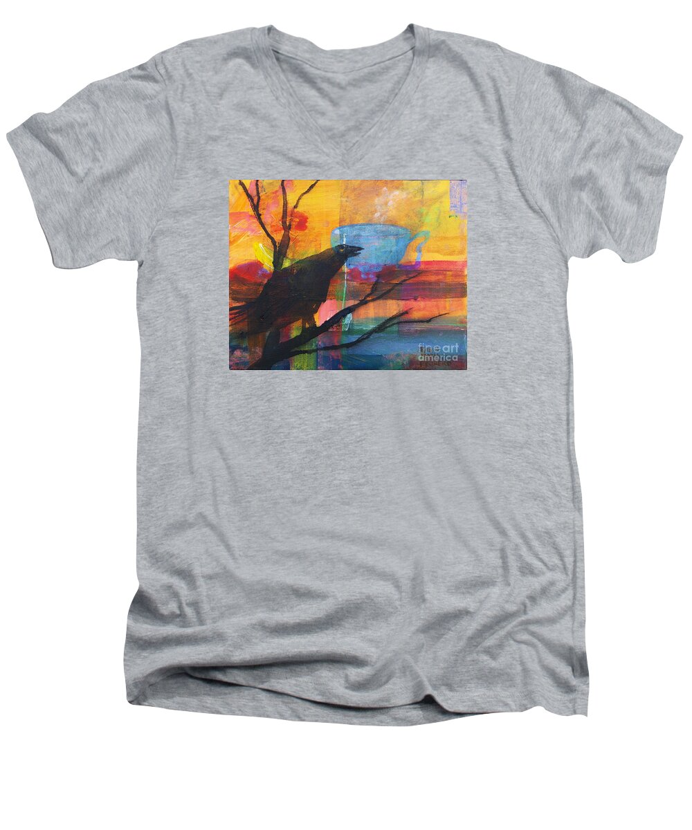 Crow Men's V-Neck T-Shirt featuring the painting Crow's Invitation to Tea by Robin Pedrero