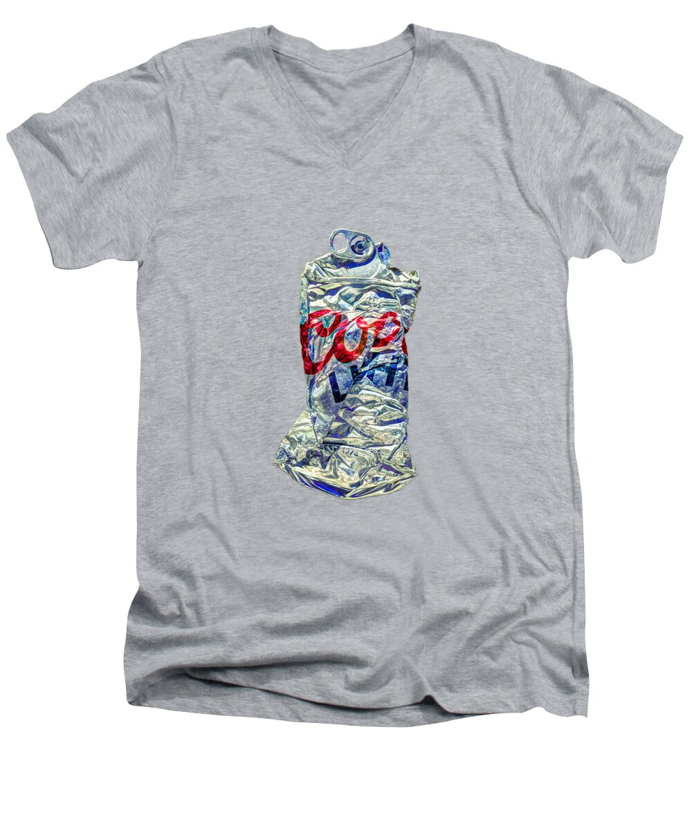 Can Men's V-Neck T-Shirt featuring the photograph Crushed Silver Light Beer Can on Plywood 80 by YoPedro