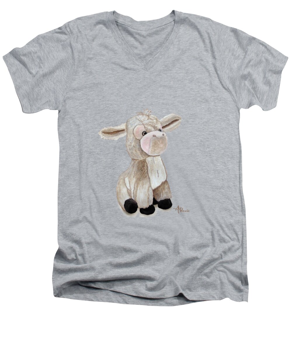 Cuddly Animals Men's V-Neck T-Shirt featuring the painting Cuddly Donkey Watercolor by Angeles M Pomata