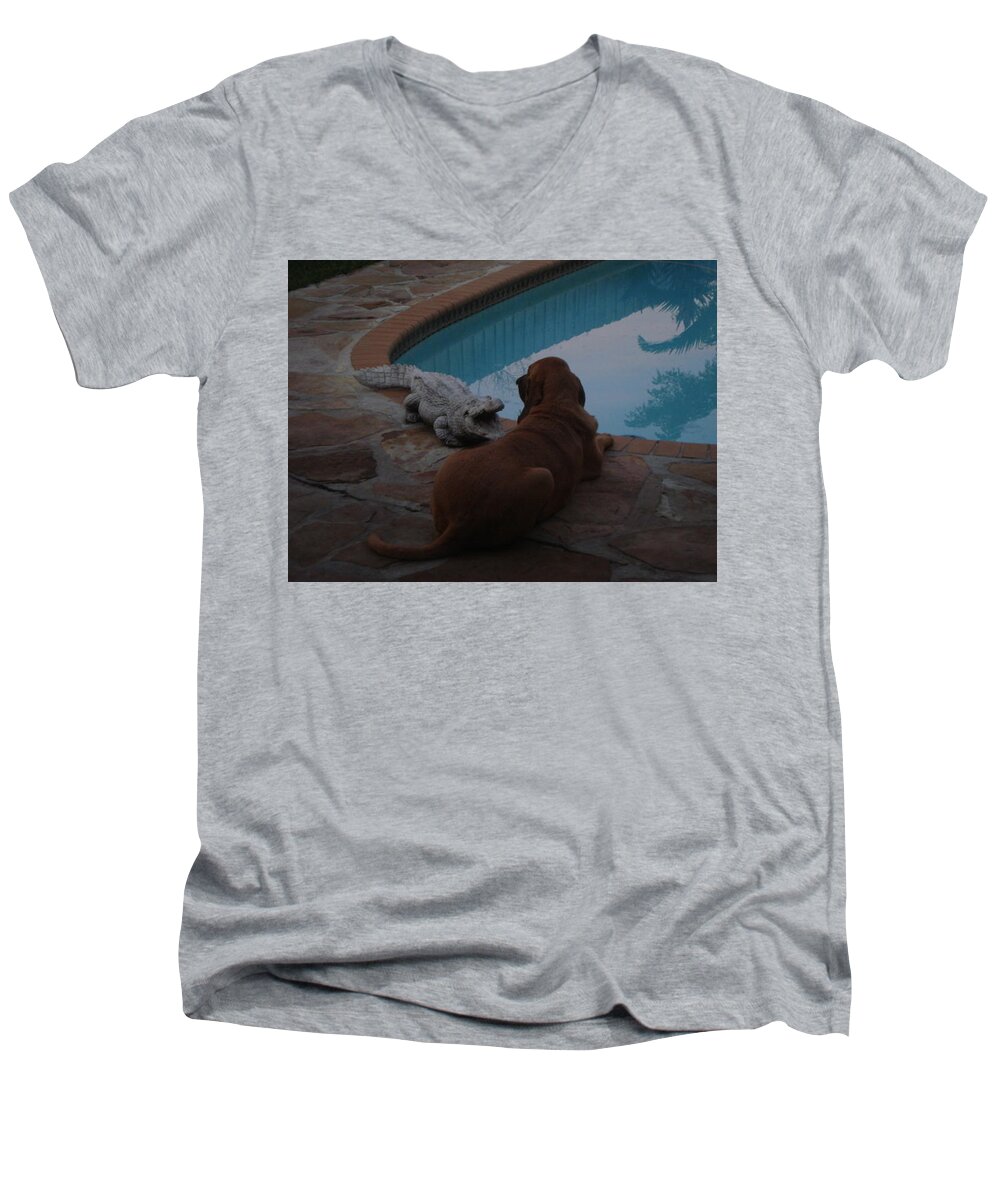 Bloodhound Men's V-Neck T-Shirt featuring the photograph Cujo and the Alligator by Val Oconnor