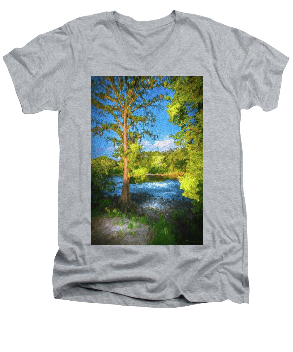 Cypress Men's V-Neck T-Shirt featuring the photograph Cypress Tree By The River by Marvin Spates