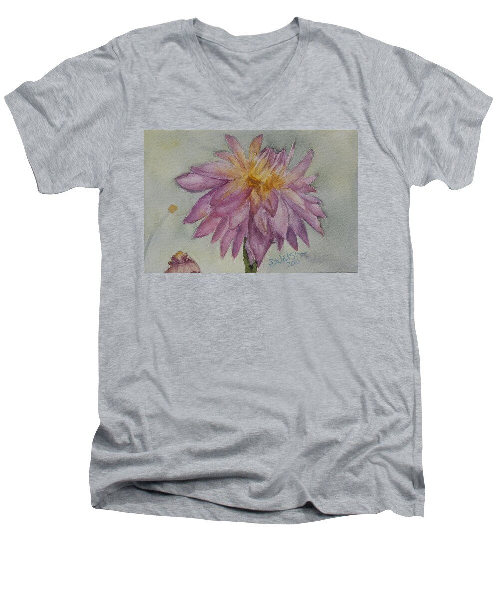 Dahlia Men's V-Neck T-Shirt featuring the painting Dahlia at Eastport ME by Donna Walsh