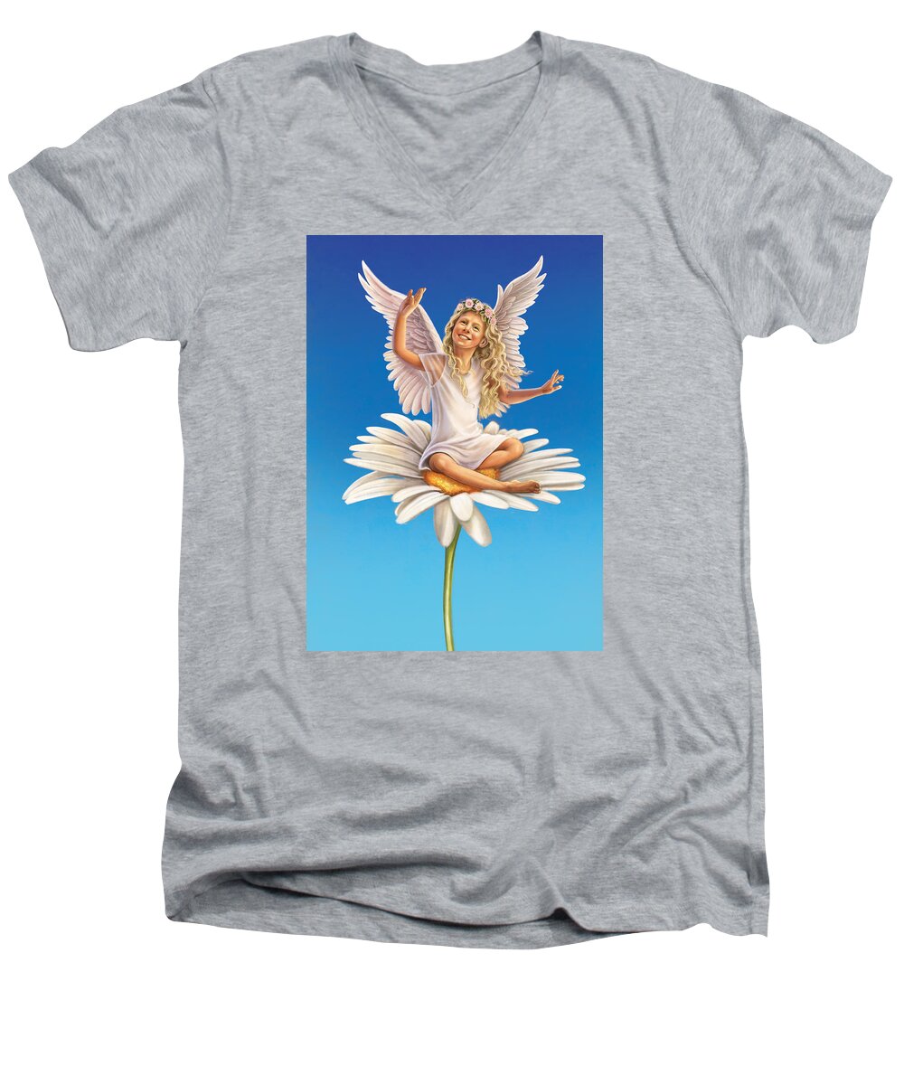 Daisy Men's V-Neck T-Shirt featuring the mixed media Daisy - Simplify by Anne Wertheim