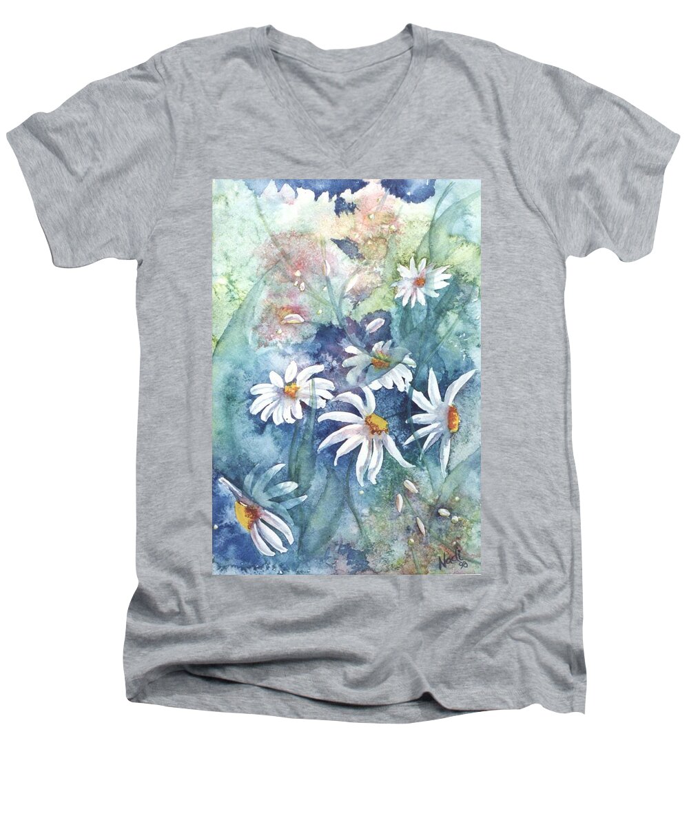 Blue Men's V-Neck T-Shirt featuring the painting Dancing Daisies by Renate Wesley