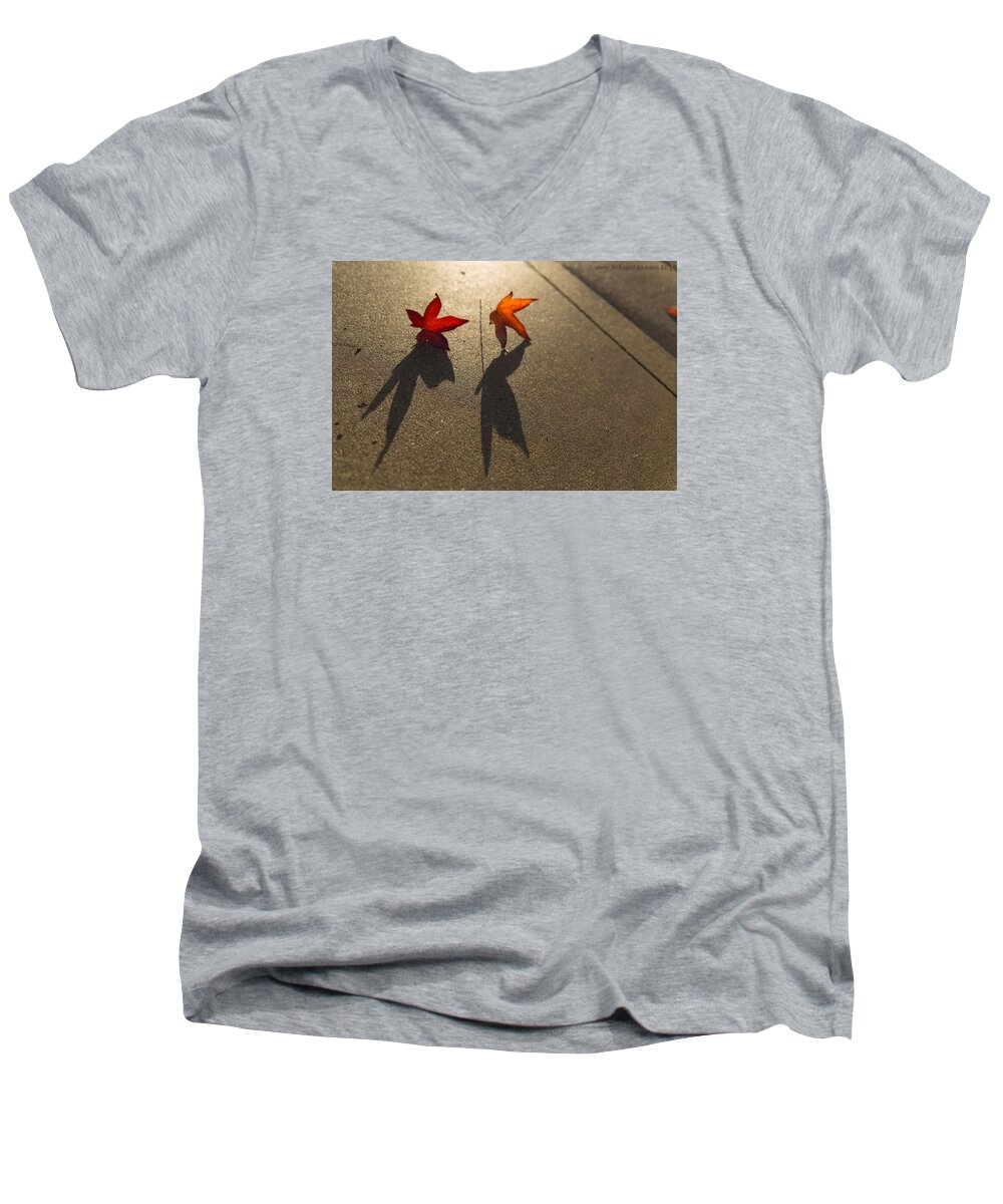 Leaves Men's V-Neck T-Shirt featuring the photograph Dancing Leaves by Lora Lee Chapman