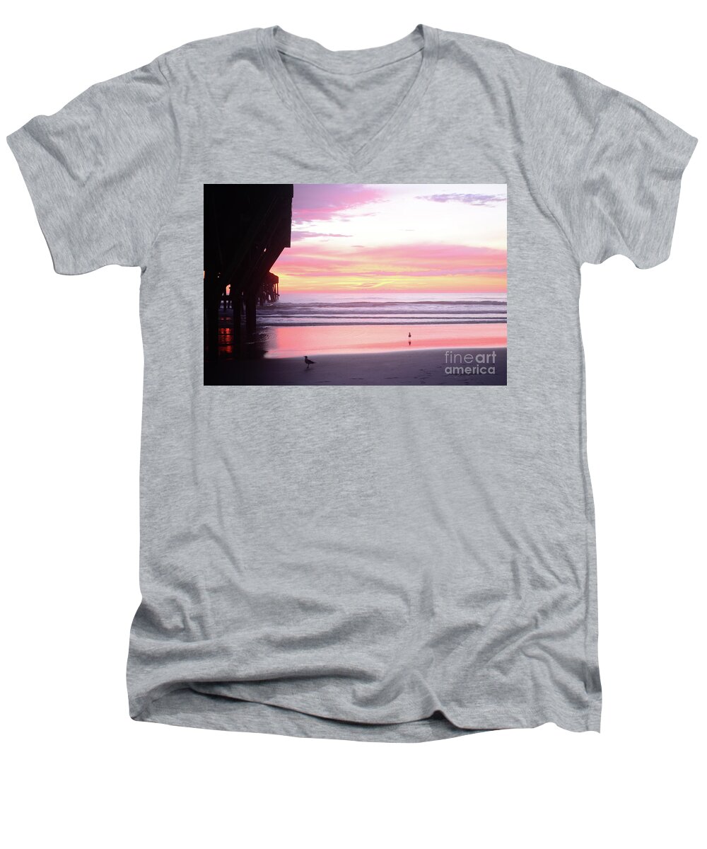 Beach Prints Men's V-Neck T-Shirt featuring the painting Dawn at the beach 8-14-16 by Julianne Felton