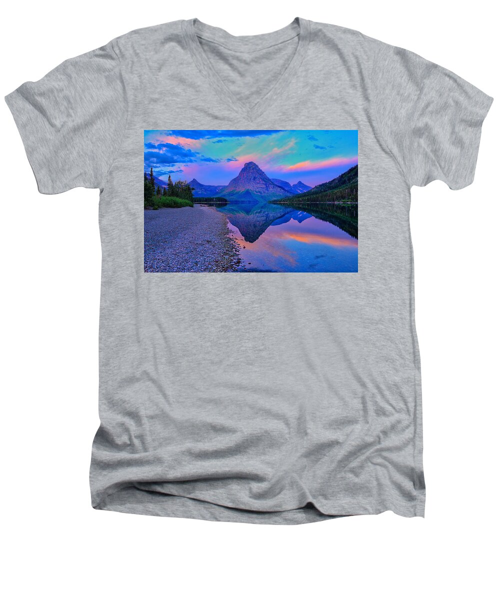 Two Medicine Men's V-Neck T-Shirt featuring the photograph Dawn at Two Medicine Lake by Greg Norrell