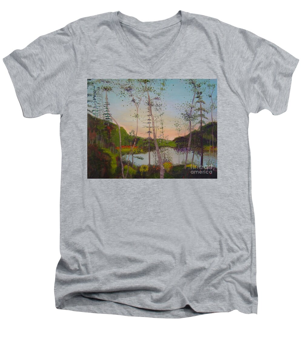 Landscape Men's V-Neck T-Shirt featuring the painting Dawn by the Pond by Lilibeth Andre