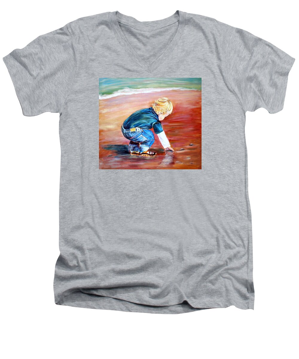 Little Boy Men's V-Neck T-Shirt featuring the painting Day at the beach by Patricia Piffath