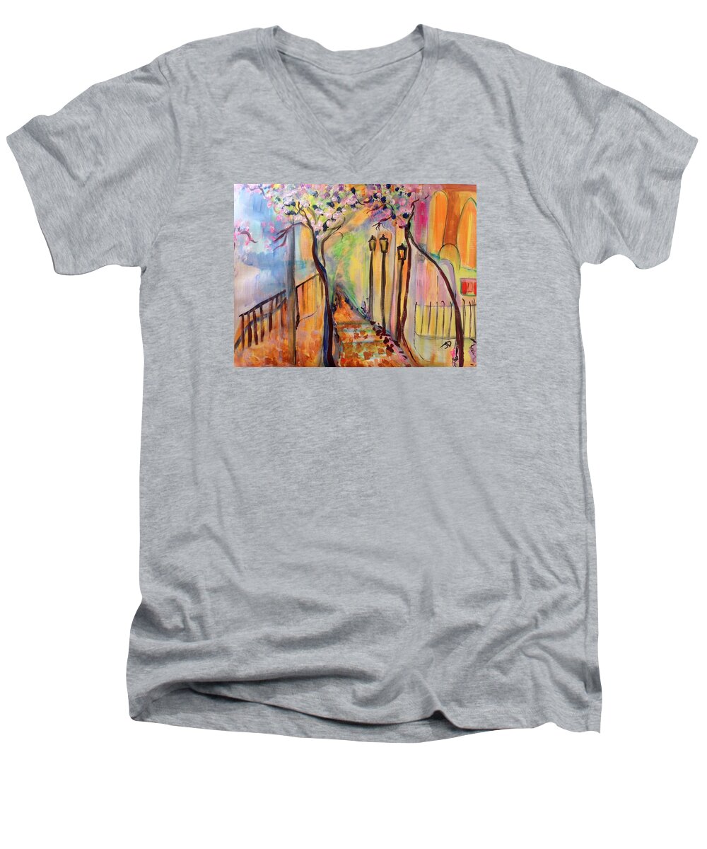 France Men's V-Neck T-Shirt featuring the painting Day for a stroll in France by Judith Desrosiers