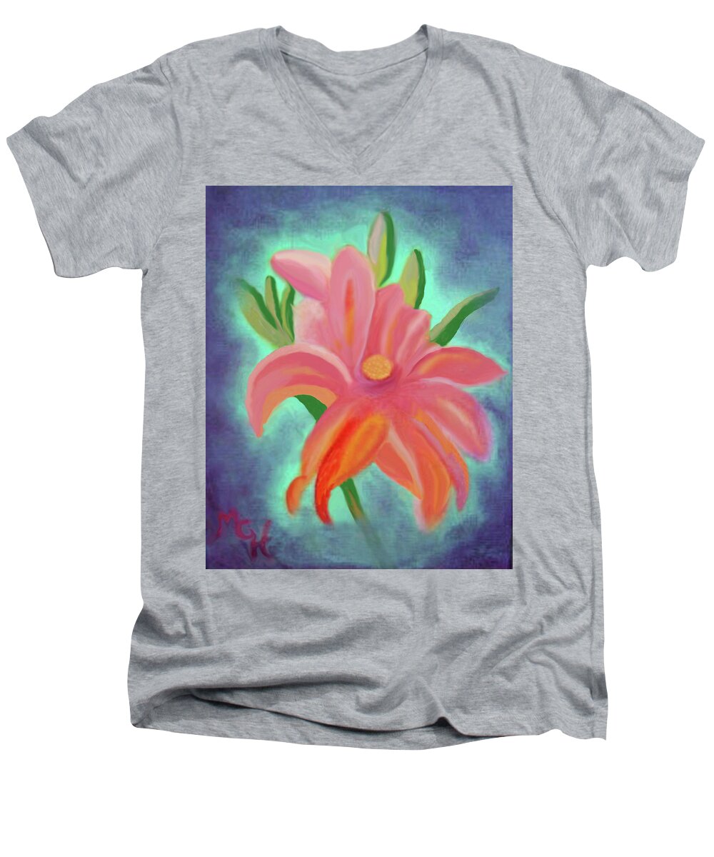 Daylily Men's V-Neck T-Shirt featuring the painting Daylily at Dusk by Margaret Harmon