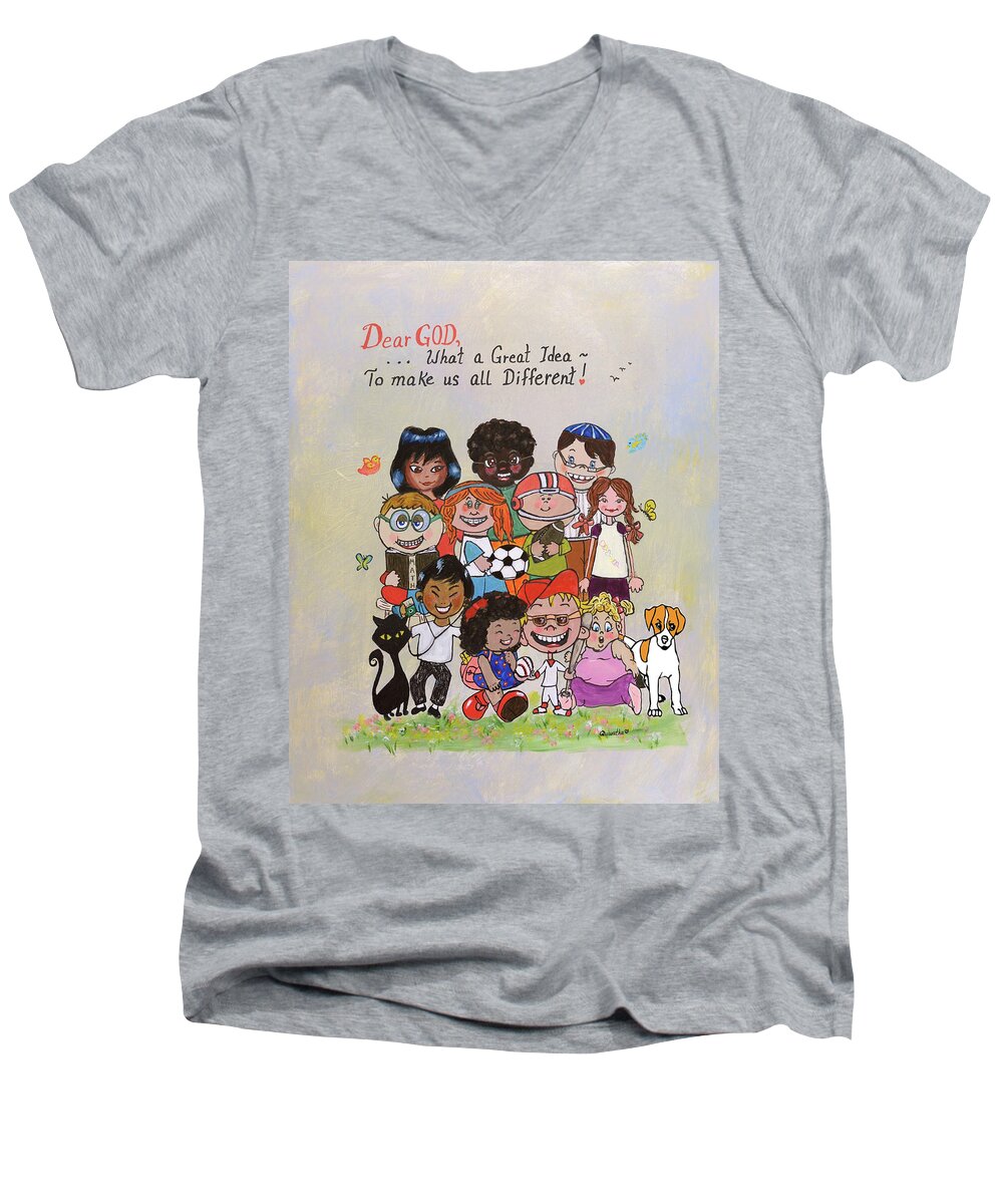 Children Men's V-Neck T-Shirt featuring the painting Dear God, What a Great Idea by Quwatha Valentine