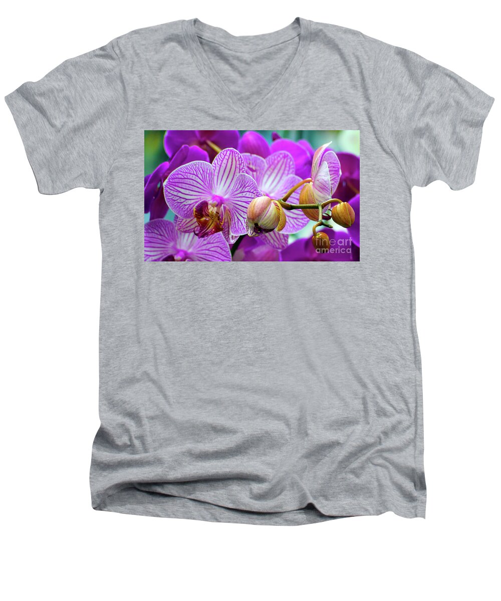 Decorative Men's V-Neck T-Shirt featuring the photograph Decorative Fuschia Orchid Still Life by Mas Art Studio
