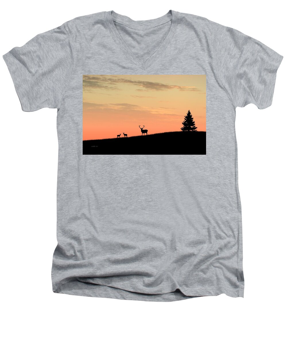 Animals Men's V-Neck T-Shirt featuring the digital art Deer in silhouette by John Wills