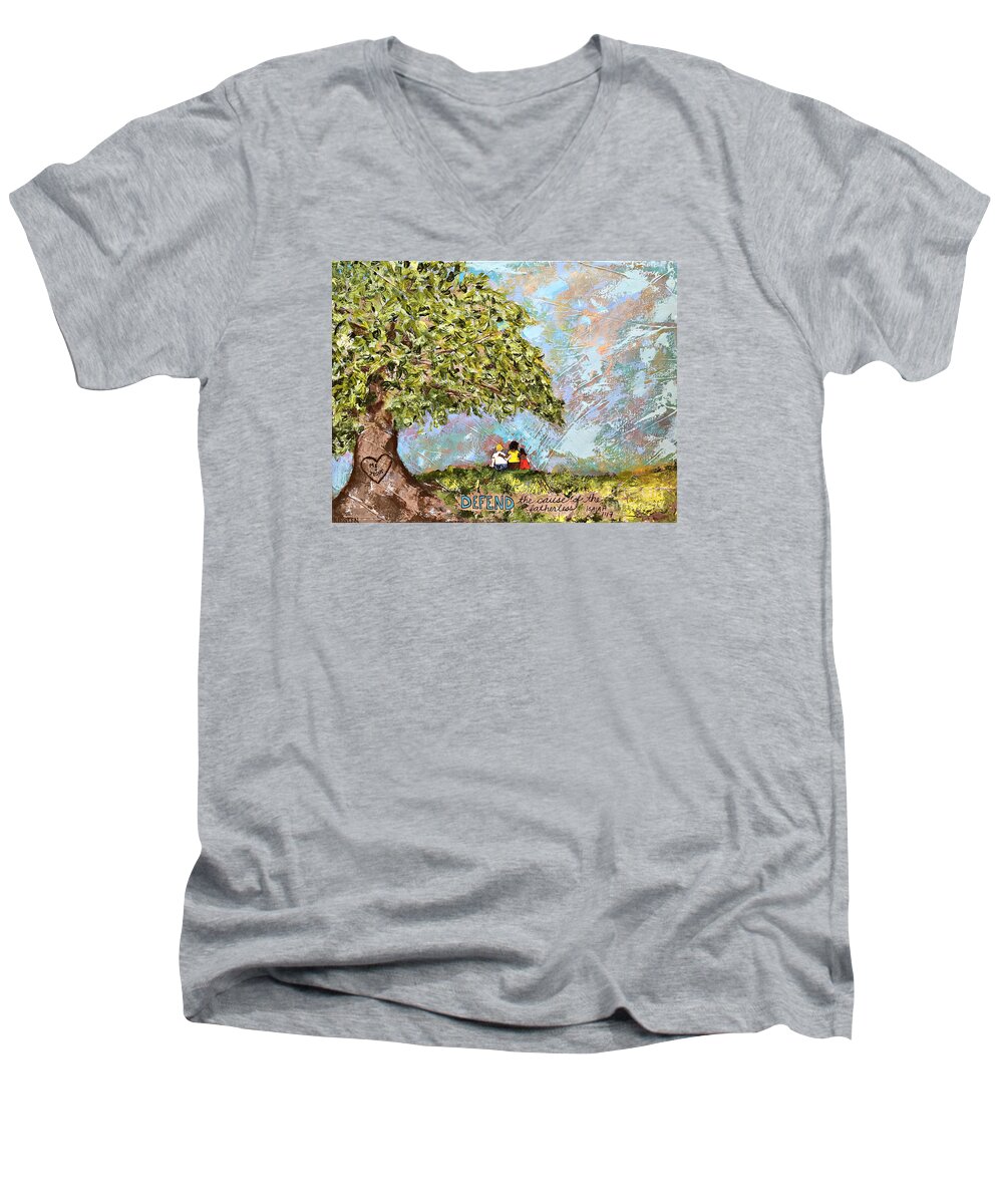 Jesus Men's V-Neck T-Shirt featuring the painting Defend the Fatherless by Kirsten Koza Reed