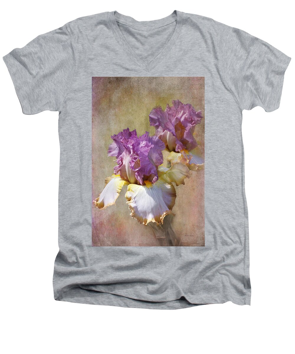 Flower Men's V-Neck T-Shirt featuring the photograph Delicate Gold And Lavender Iris by Phyllis Denton