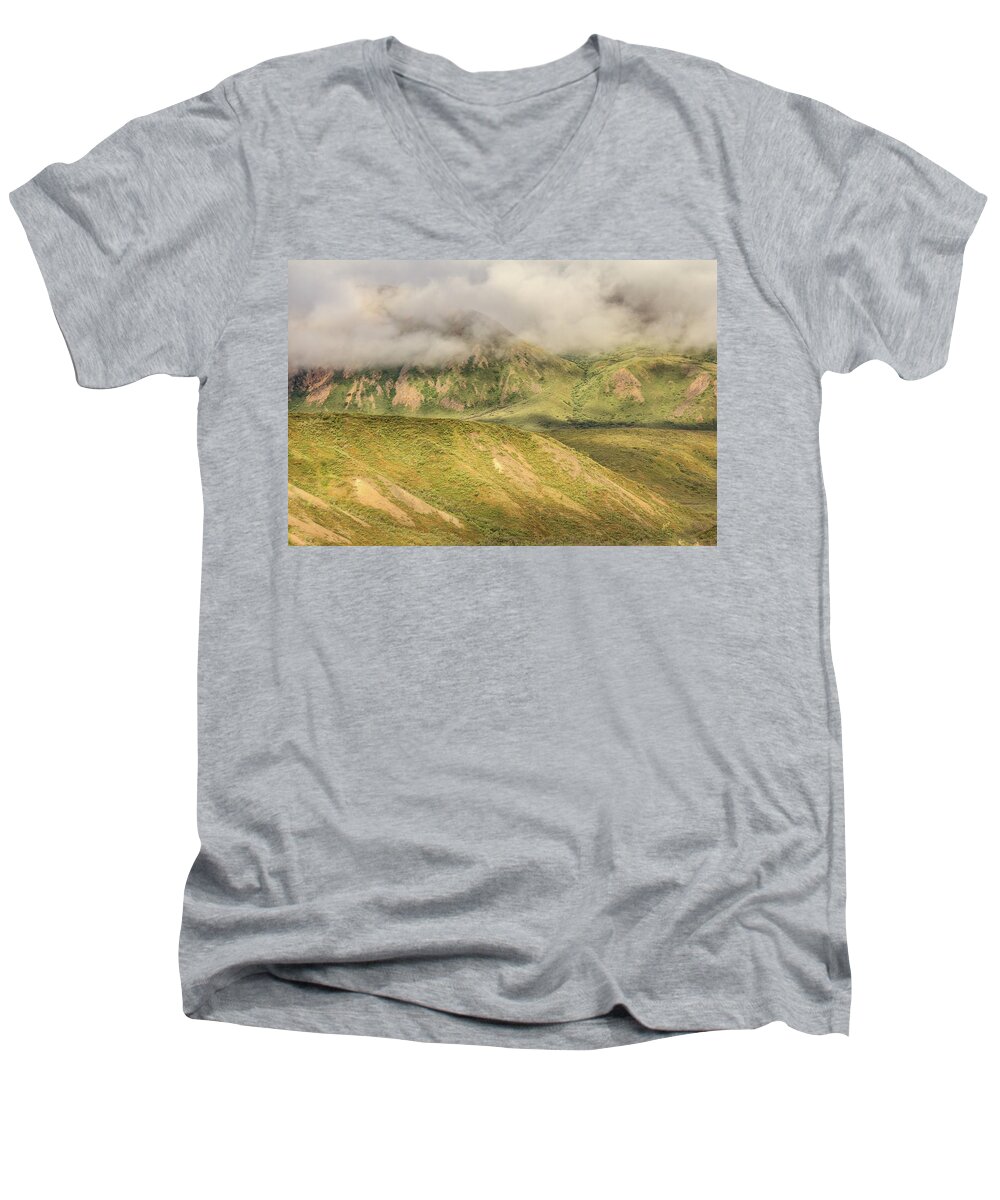 Alaska Men's V-Neck T-Shirt featuring the photograph Denali National Park Mountain Under Clouds by Joni Eskridge