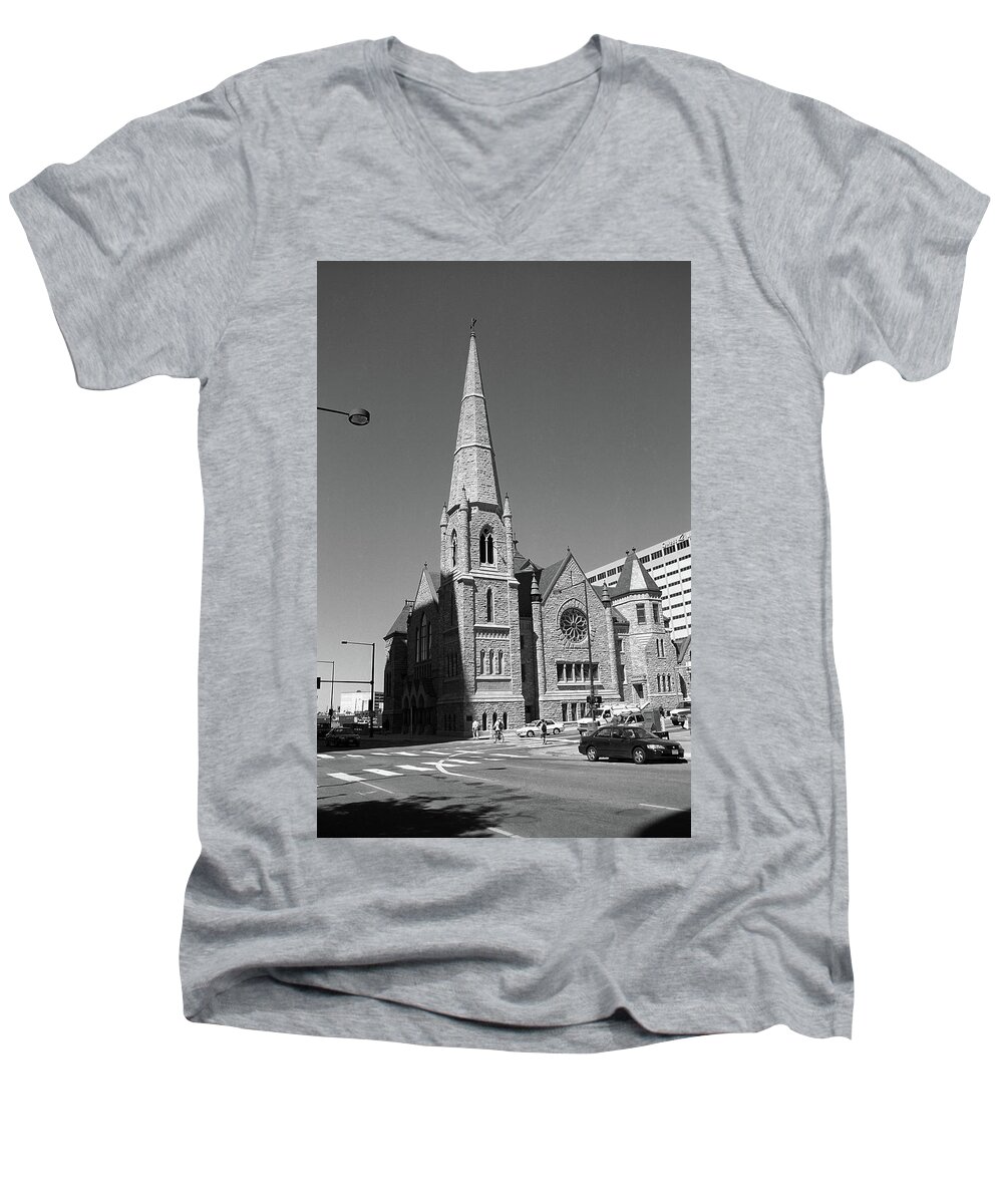 16th Men's V-Neck T-Shirt featuring the photograph Denver Downtown Church BW by Frank Romeo