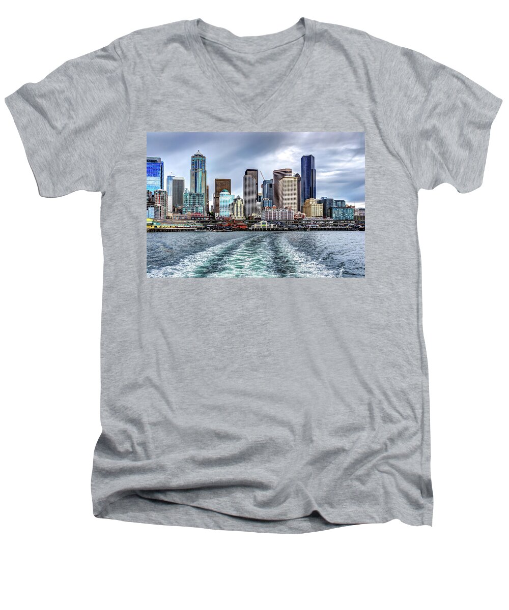 Seattle Men's V-Neck T-Shirt featuring the photograph Departing Pier 54 by Rob Green