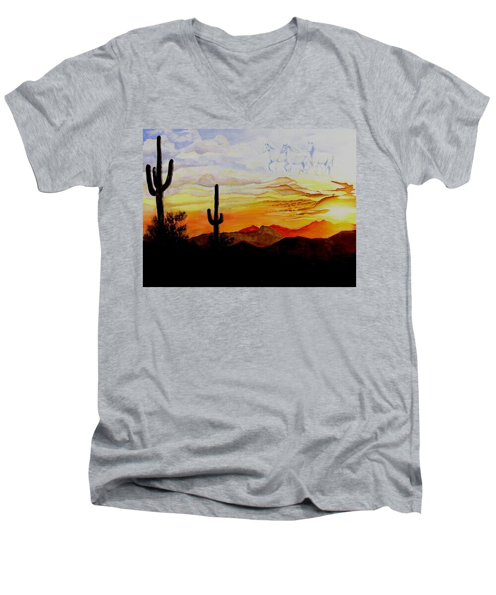 Horses Men's V-Neck T-Shirt featuring the painting Desert Mustangs by Jimmy Smith