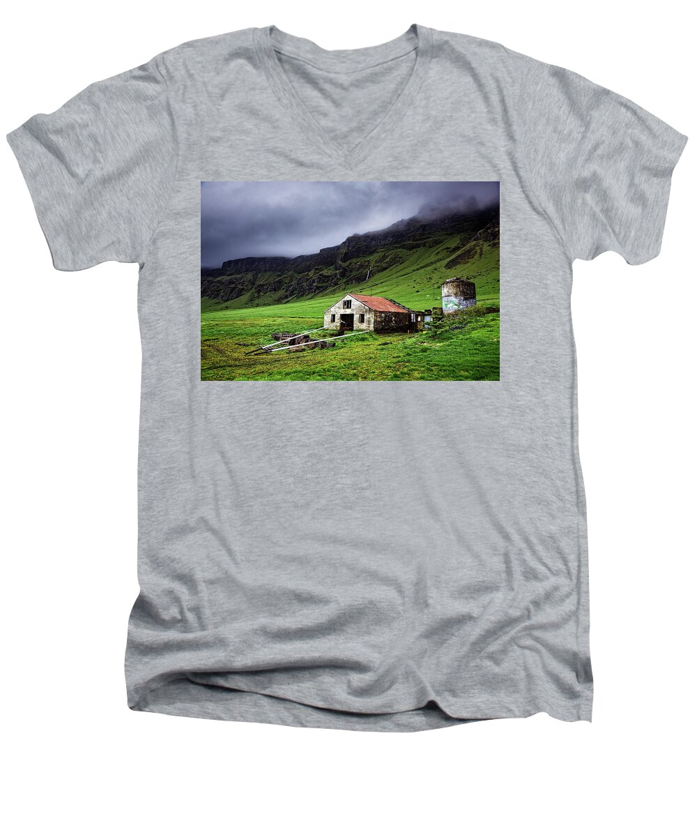 Abandoned Men's V-Neck T-Shirt featuring the photograph Deserted Barn in Iceland by Ian Good