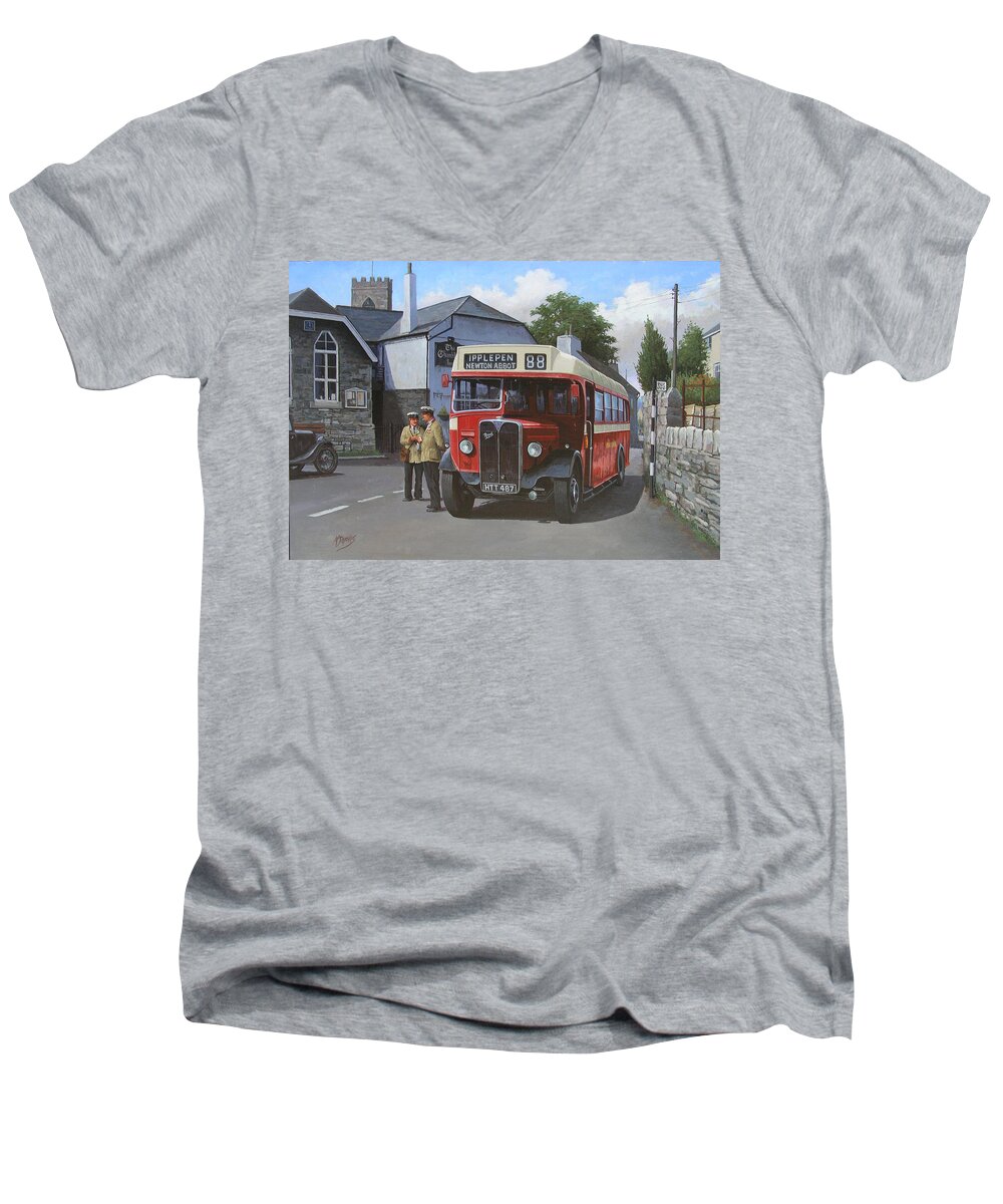 Bus Men's V-Neck T-Shirt featuring the painting Devon General AEC Regal. by Mike Jeffries