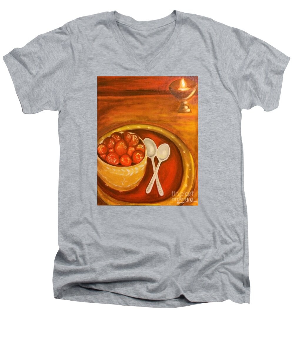 Diwali Men's V-Neck T-Shirt featuring the painting Diwali Sweets by Brindha Naveen