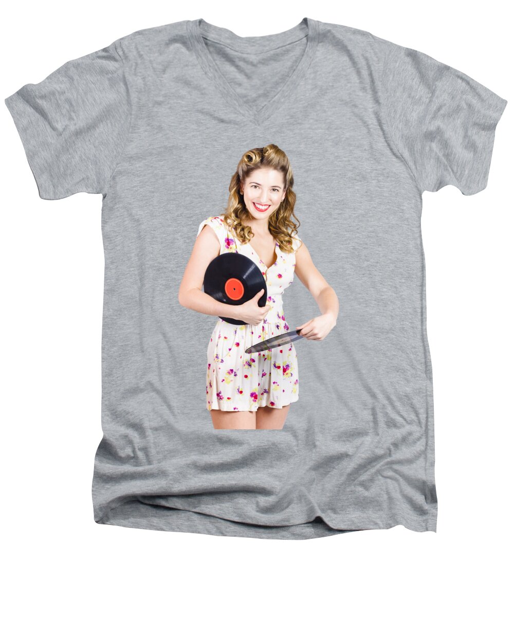 Spinning Men's V-Neck T-Shirt featuring the photograph DJ disco pin-up girl rocking out to retro vinyl by Jorgo Photography