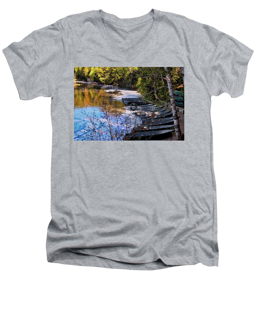 Hdr Men's V-Neck T-Shirt featuring the photograph Docked Row Boats by Richard Gregurich