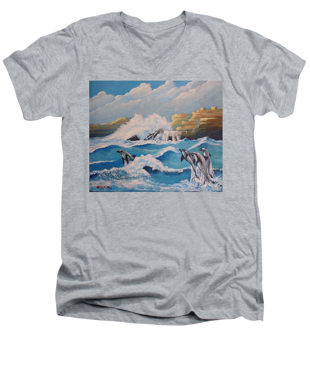 Dolphins Men's V-Neck T-Shirt featuring the painting Dolphins by Jean Pierre Bergoeing