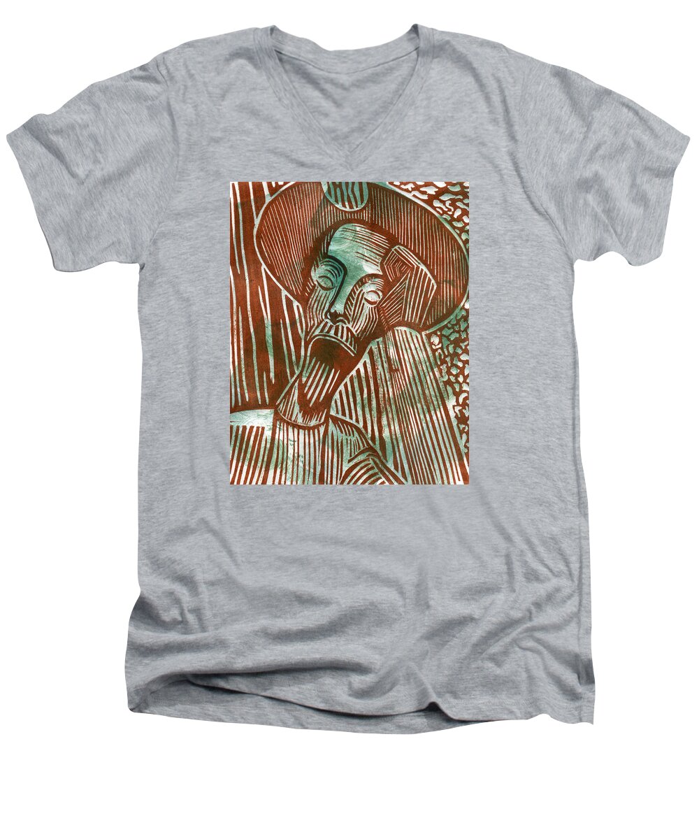 sheryl Karas Men's V-Neck T-Shirt featuring the drawing Don Quixote in Green and Brown by Sheryl Karas