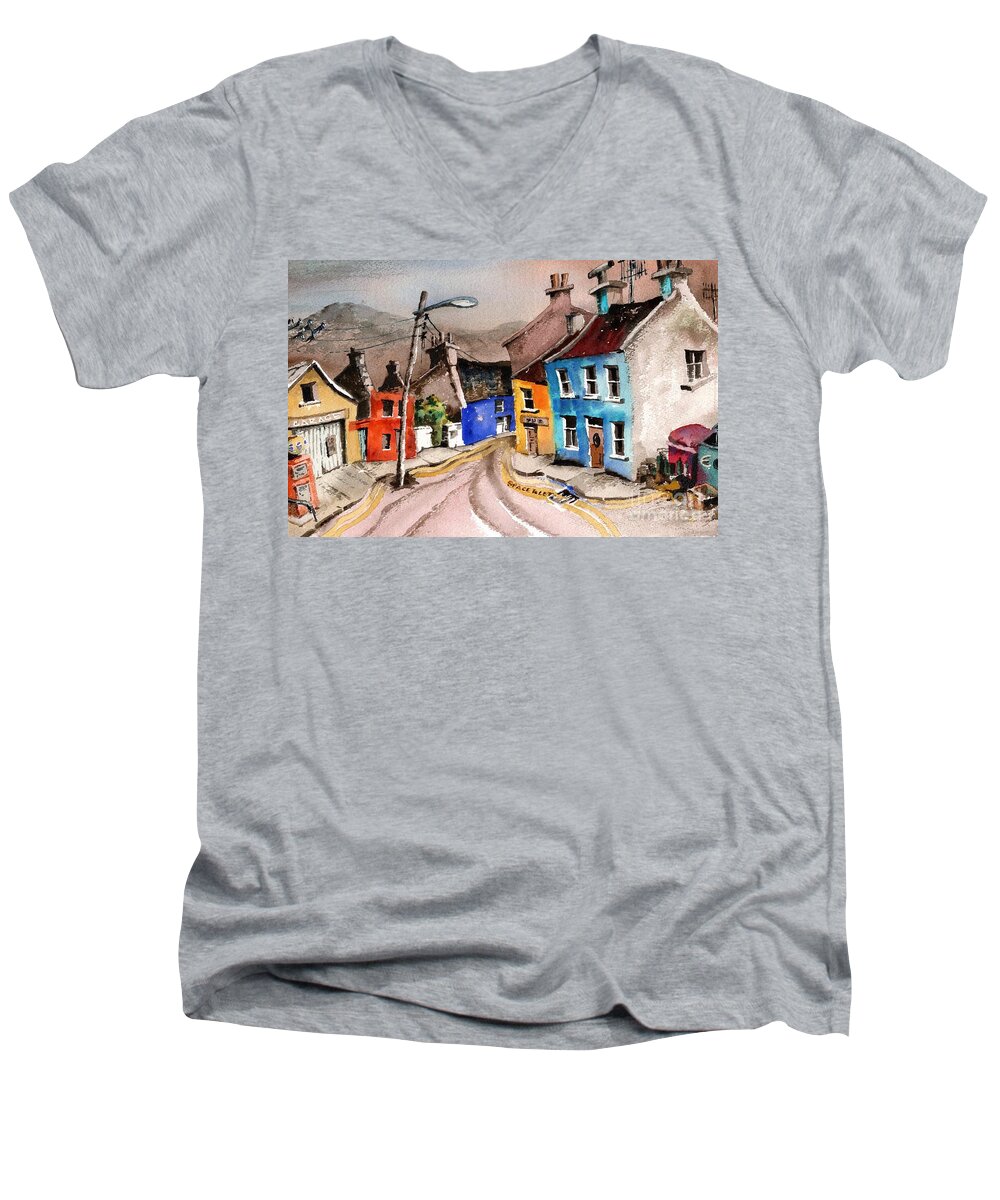 Val Byrne Men's V-Neck T-Shirt featuring the painting Dont litter Eyeries, Beara by Val Byrne