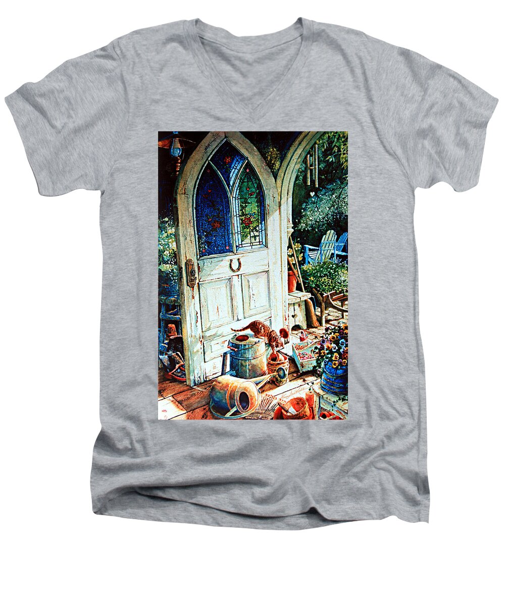 Garden Shed Art Men's V-Neck T-Shirt featuring the painting Door To My Heart by Hanne Lore Koehler