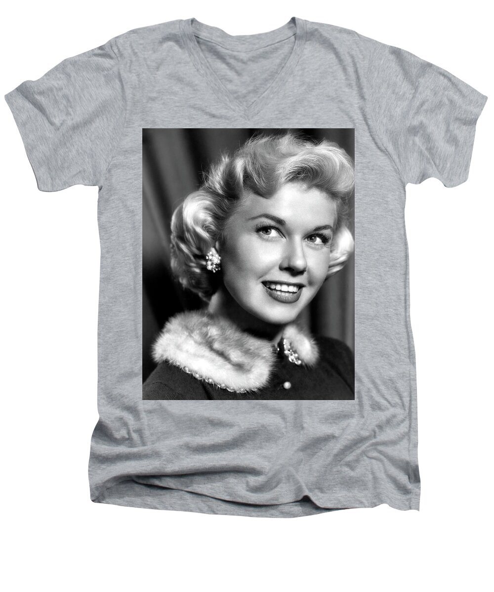 Doris Day By The Llight Of The Silvery Moon 1953 Men's V-Neck T-Shirt featuring the photograph Doris Day By the light of the silvery moon 1953 by David Lee Guss