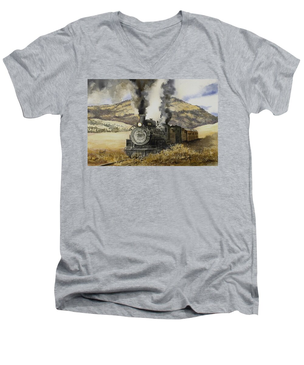 Train Men's V-Neck T-Shirt featuring the painting Double Teamin to Cumbres Pass by Sam Sidders