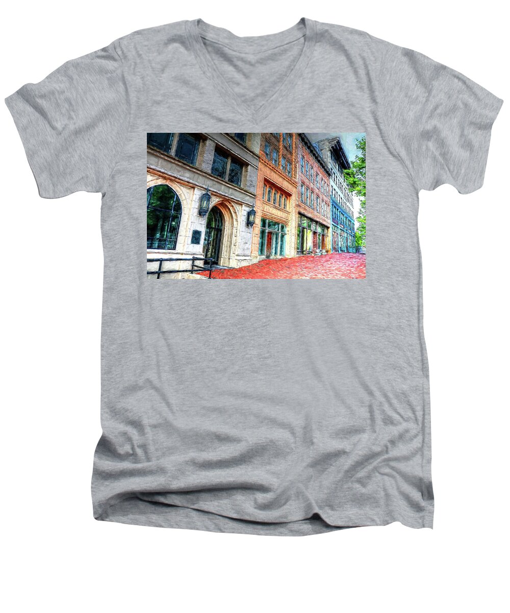 Downtown Asheville City Street Scene Men's V-Neck T-Shirt featuring the photograph Downtown Asheville City Street Scene II Painted by Carol Montoya