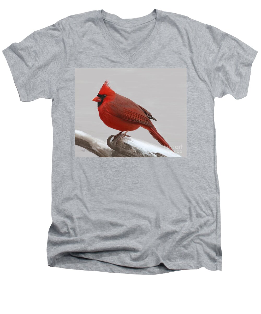 Cardinal Men's V-Neck T-Shirt featuring the painting Downy Winter Male by Rand Herron