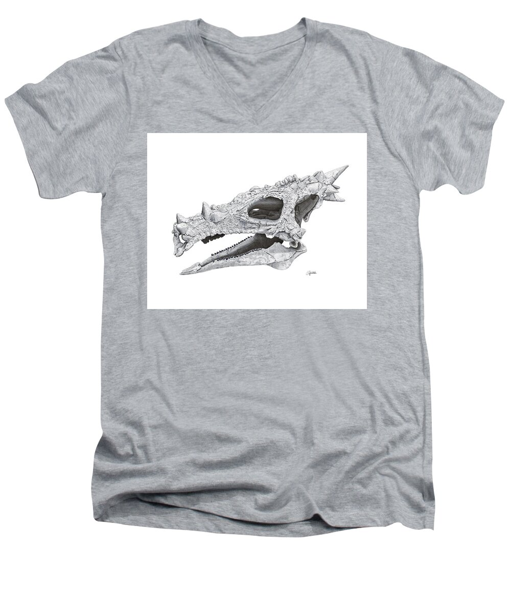 Dracorex Men's V-Neck T-Shirt featuring the digital art Dracorex Hogwartsia Skull by Rick Adleman